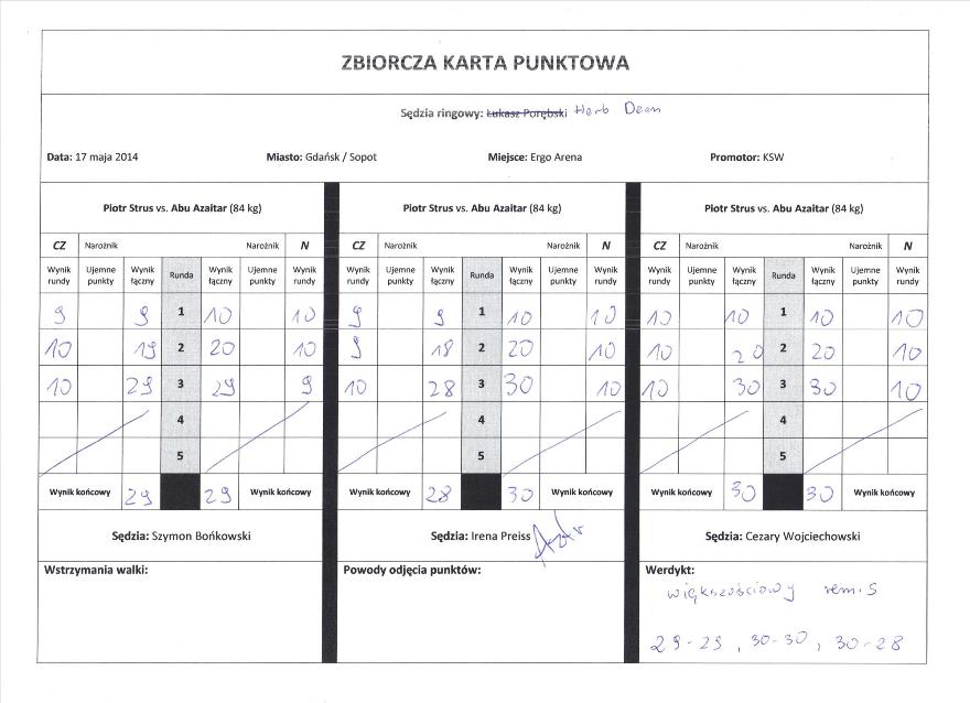 KSW 27 Karty sędziowskie  KSW 27 Karty sędziowskie