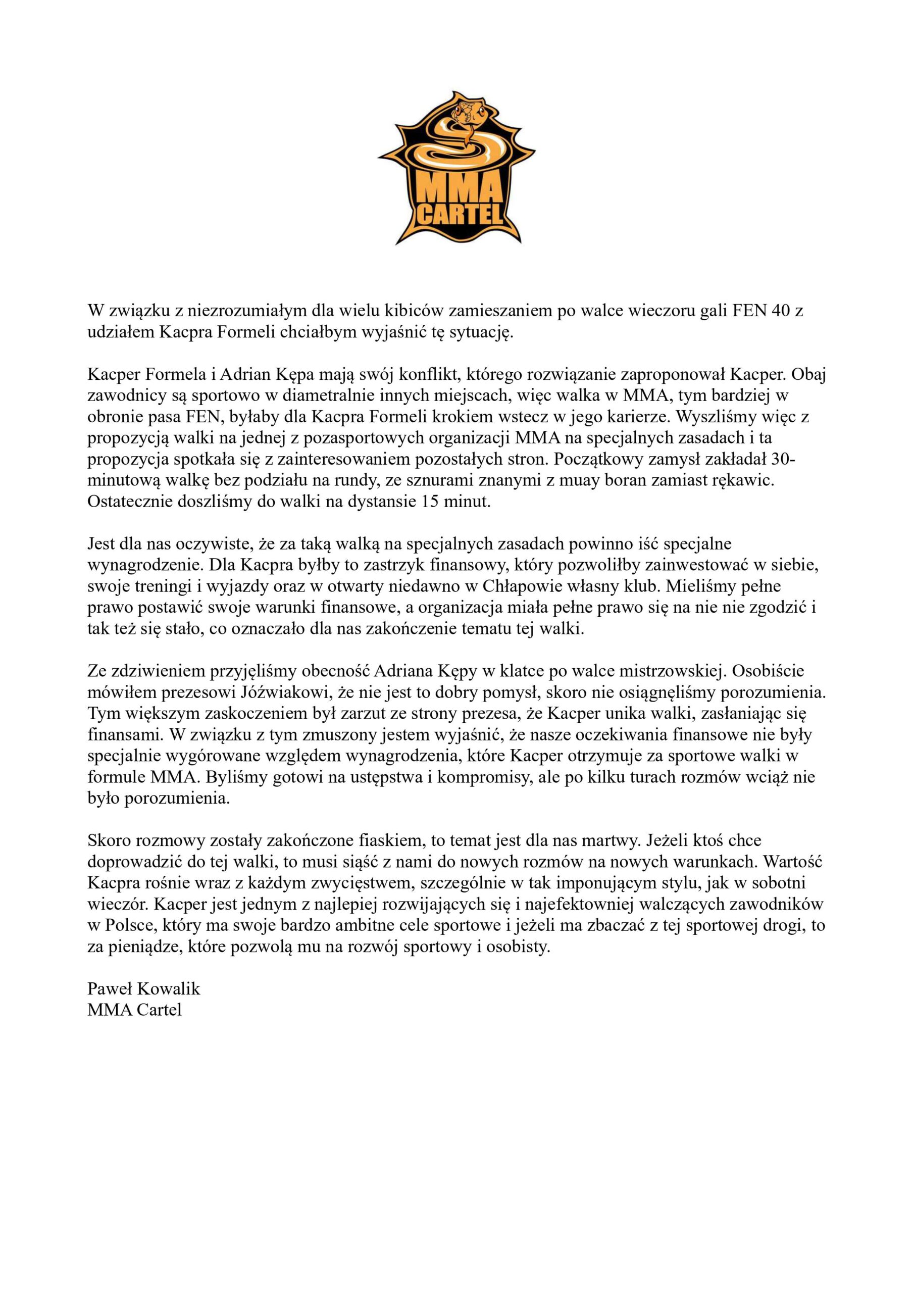 Kacper Formela Oświadczenie  Kacper Formela Oświadczenie