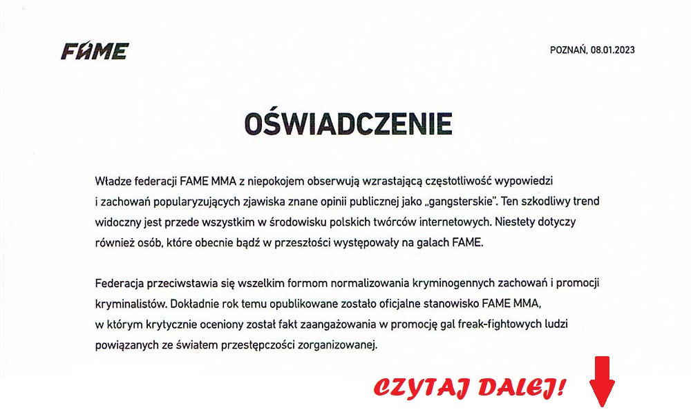 FAME MMA Oświadczenie