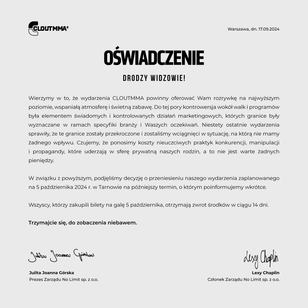 Clout MMA 6 ODWOŁANE - OŚWIADCZENIE
